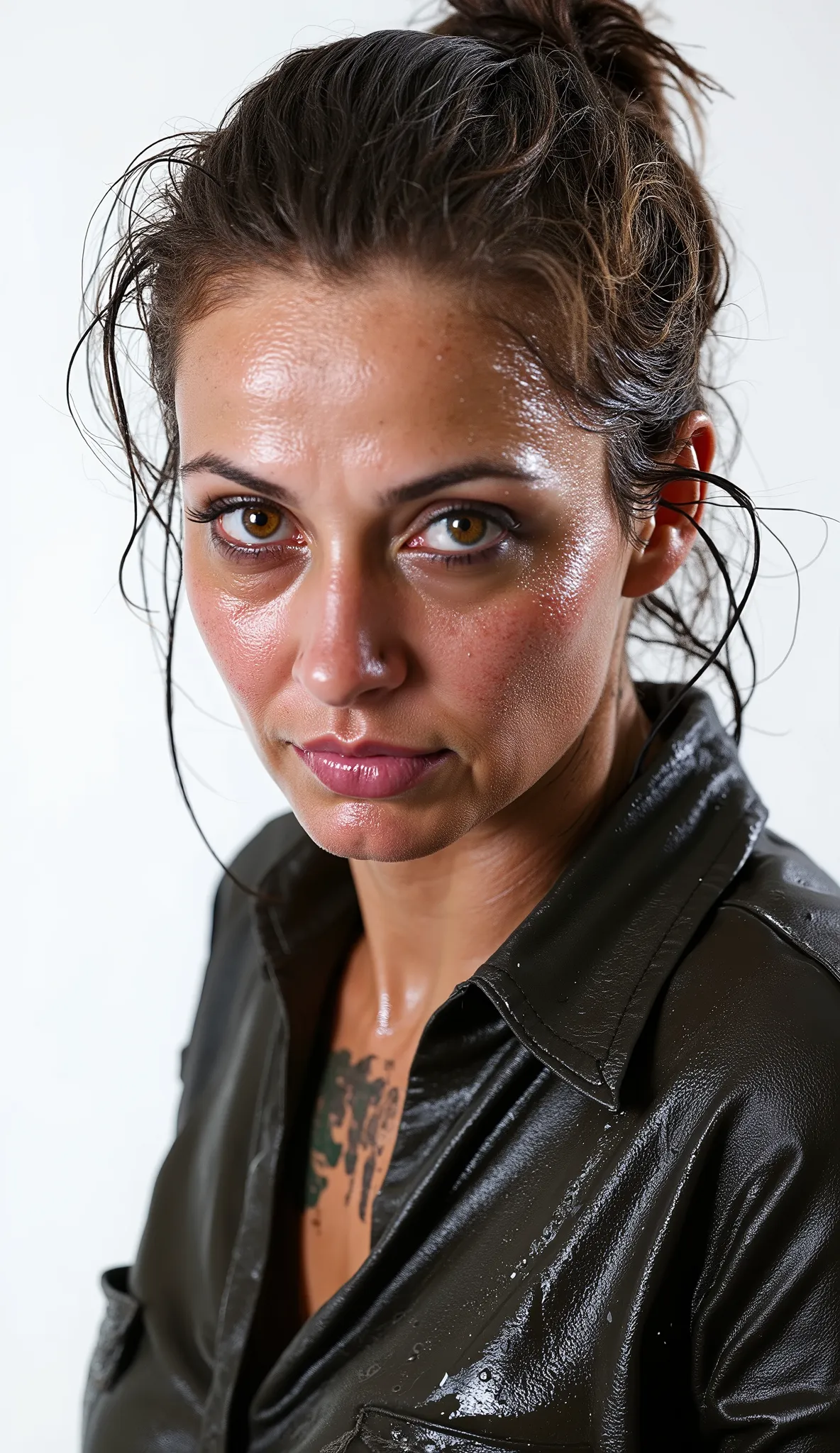 a 40 years old woman, flared jeans, leather biker jacket, t-shirt, covered in sludge, white background, detailed face, lust eyes, sexual tension, strong bags under eyes, expressive wrinkles, high quality, photorealistic, studio lighting, dramatic lighting,...