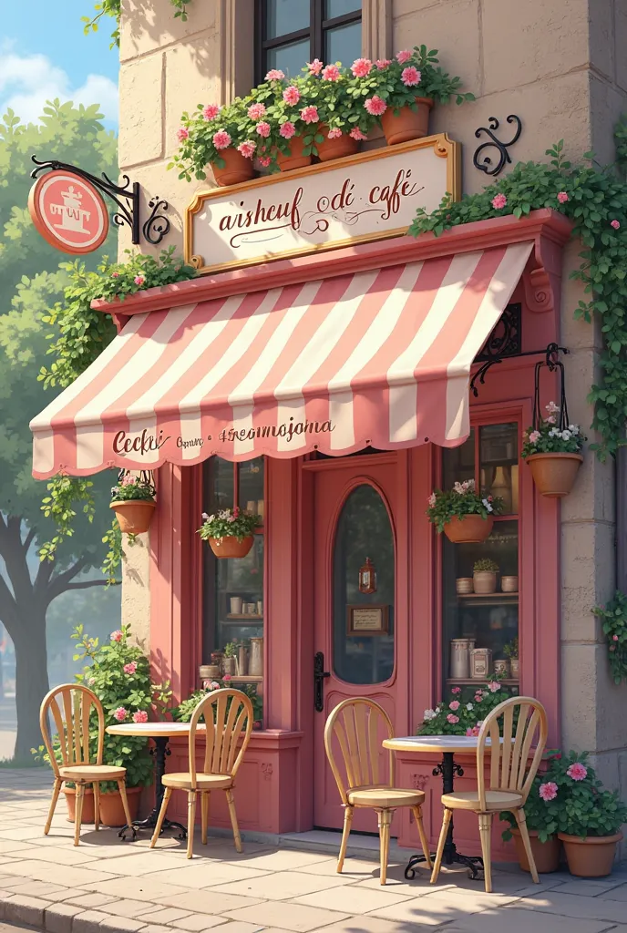 make me a cute pink cafe, - cozy cafe, named “Aishcuf Dè Cafè”, show us the outside of it—make it like those french cafe