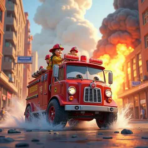 The fire truck is going to extinguish the fire
, 3D cartoon, Disney Pixar style
