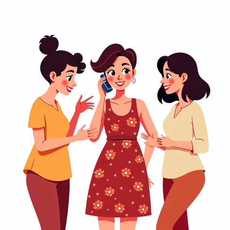 Present Continuous Prompt (Semi-Realistic Cartoon Art - White Background - Group Scene):
A group of friends, including a 27-year-old woman with short, stylish hair wearing a dark red floral dress, are actively making a phone call together. The woman in the...