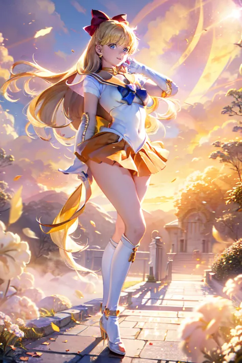 masterpiece,  best quality ,  Hi-Res, Venus 1,  1 girl, alone, Battle Heroine  、Transformation pose、  sailor warrior uniform ,  sailor Venus,   half up、 long hair、 hair bow、 Magical Girl, dark eyes,  orange skirt ,   elbow length gloves  ,  tiara ,   white...