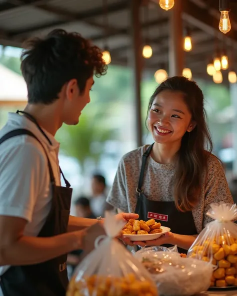 realistic photo of a young man selling snacks smiling while serving a young Indonesian woman customer who is carrying a plastic bag filled with food, fried tofu, fried tempeh, risol, vermicelli on the trading table, they smile at the camera, hdr+Masterpiec...