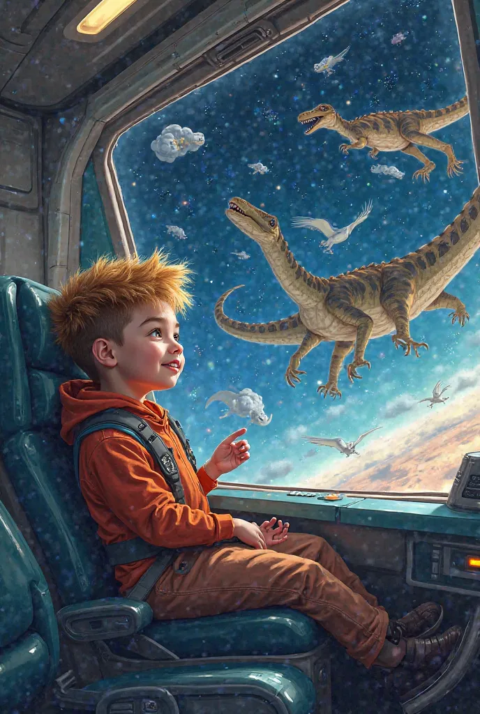 Make a down syndrome  riding a train in space with floating dinos