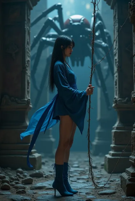 Realistic photo, cinematic quality, Mortal Kombat, dark fantasy, beautiful sexy girl, beautiful face, Asian, long black hair, in a very short blue kimono, bare beautiful legs, in blue high-heeled boots, stuck to a web in the dark labyrinth of the Mortal Ko...