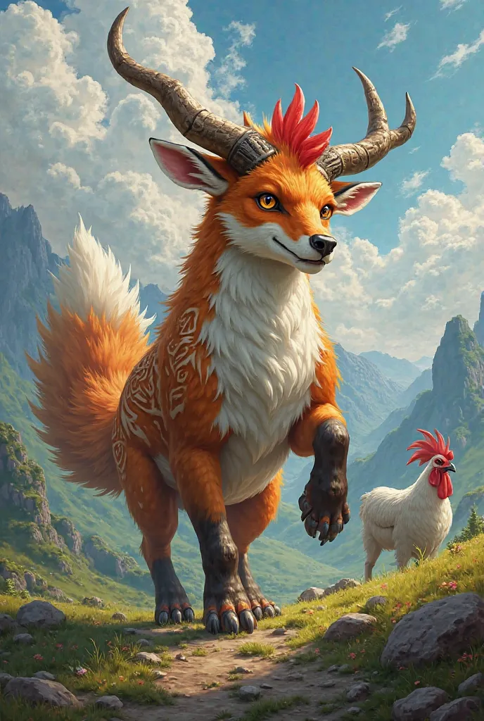 a fox combined with a bull, a goat and a rooster