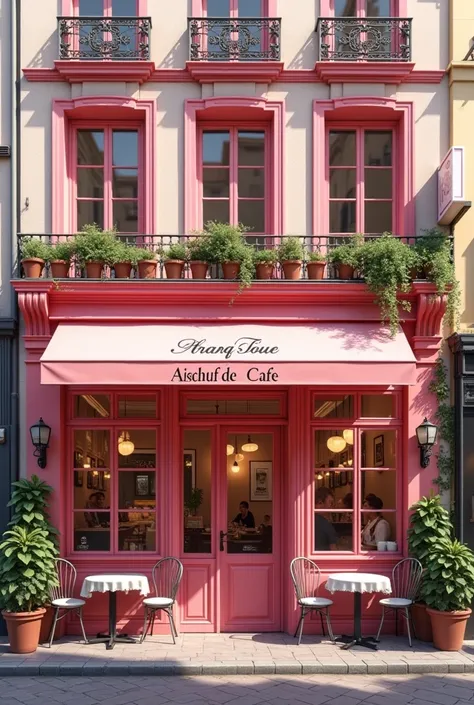 make me a cute pink cafe, - cozy cafe, named “Aishcuf Dè Cafè”, show us the outside of it—make it like those french cafe bigger