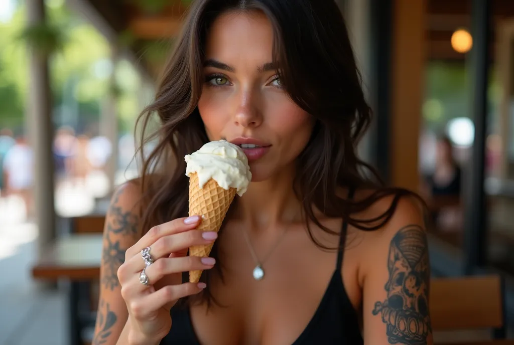 A highly detailed and photorealistic image of a beautiful young woman with long, wavy dark brown hair enjoying a vanilla ice cream cone outdoors. She has a playful expression, her eyes gently closed, and her lips slightly parted as she savors the ice cream...