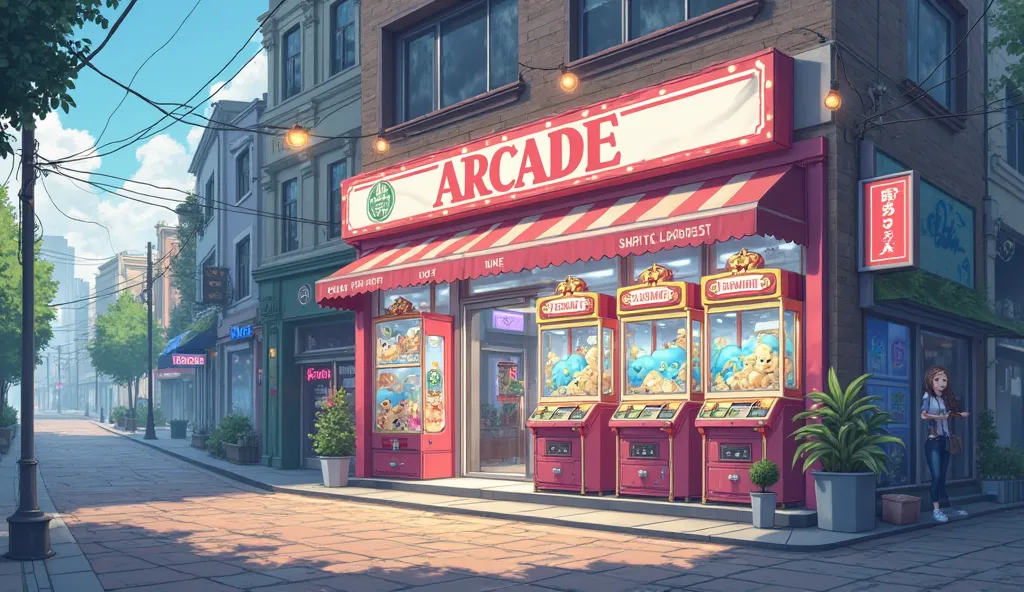 anime style, arcade background, games mechine, plushie mechine, landscape size, soft colour, no people just background, the outside view of the arcade, in the city area but not too crowded, day time