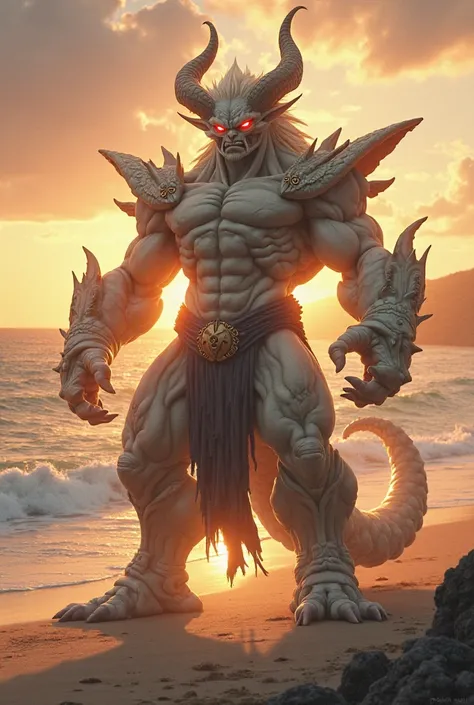 Images of the infinite beast Gohan in front of a beach at sunset