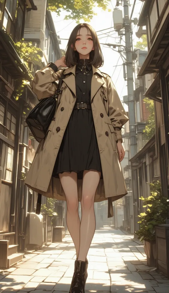  A young Asian woman, positioned slightly off-center to the left of the image, is shown in a stylish urban setting. She is in her late s or early twenties, with shoulder-length brown hair. She wears a light beige trench coat over a dark-colored, knee-lengt...