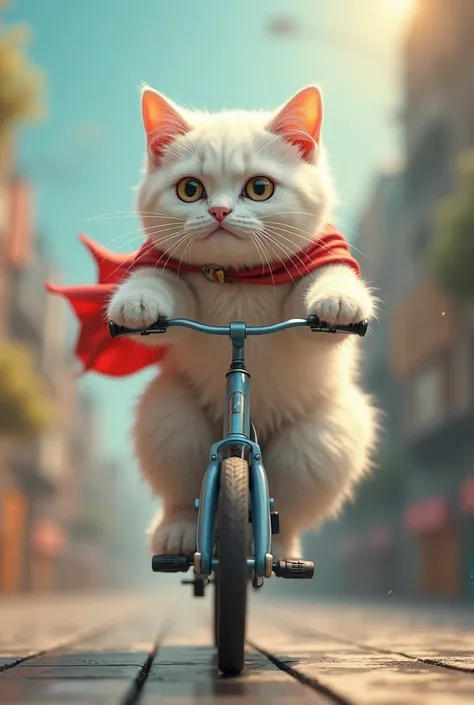 white cat using bike but with position superman 