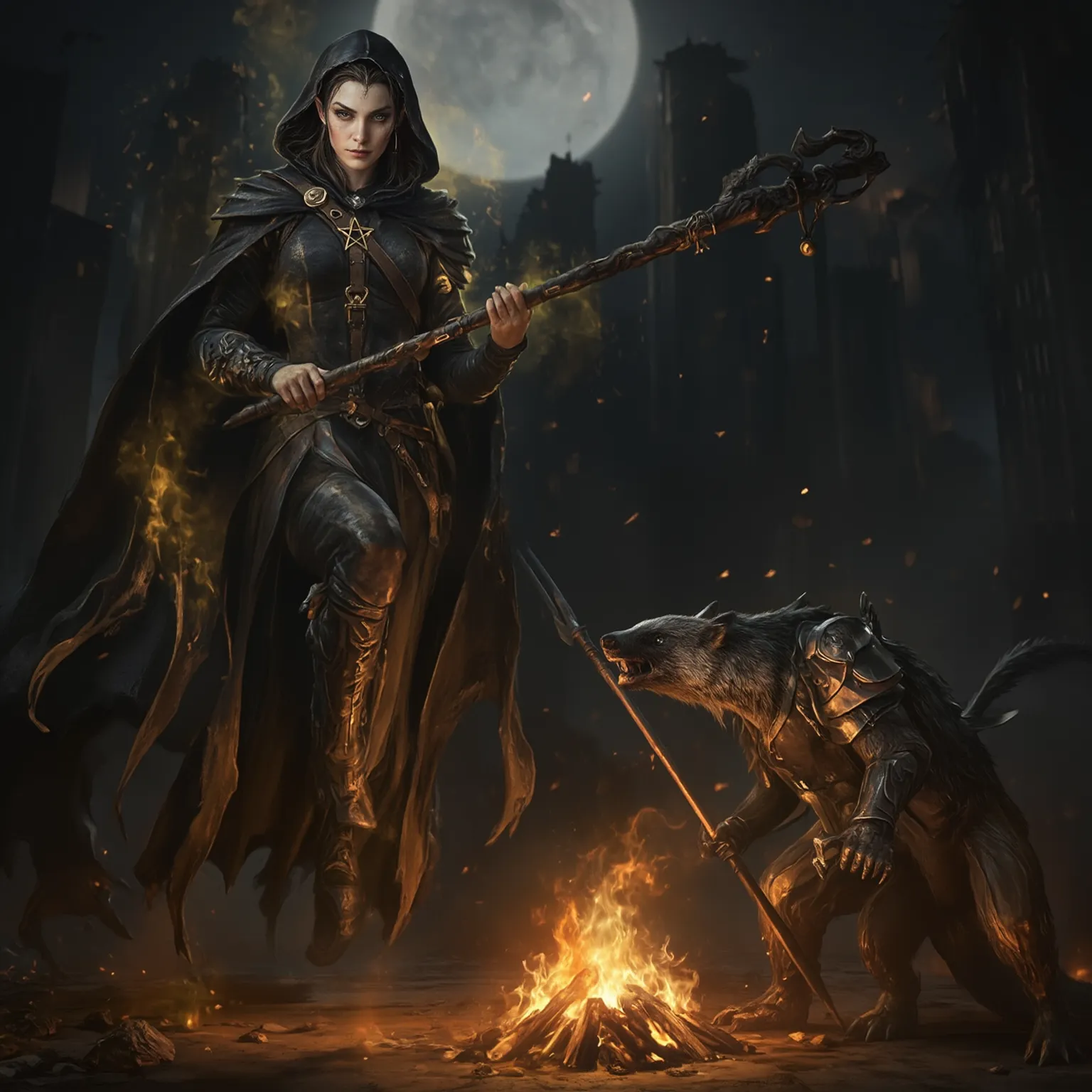 Full body height view, Highly realistic, Stunningly attractive dark-haired elven featured female, 25-year-old, pointy ears, wearing a thick dark leather strap with a gold pentagon symbol attached around her neck and a black hooded cape, she is holding a st...