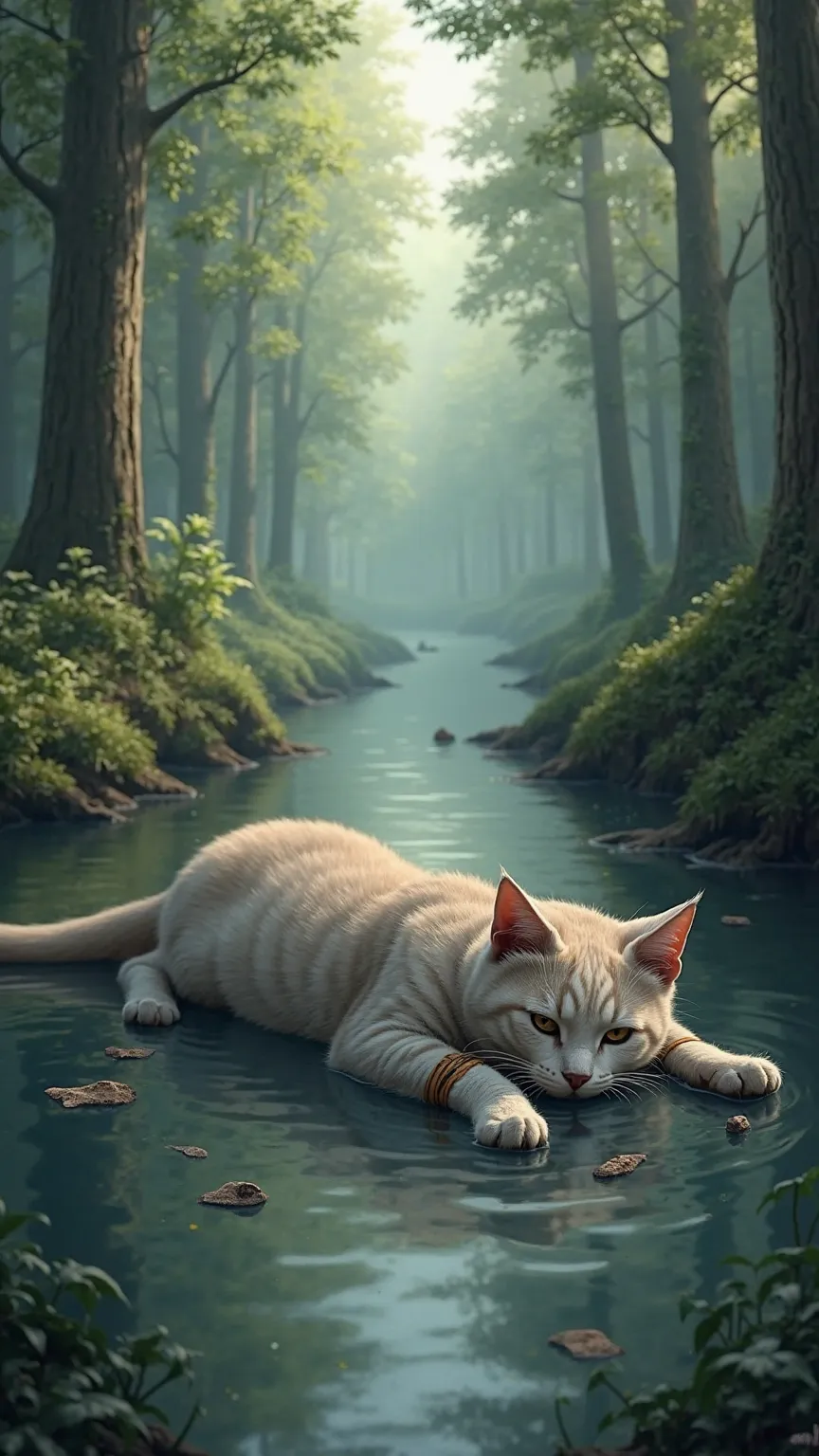 realistic The cat has a hand injury,Cat unconscious floating on river in forest