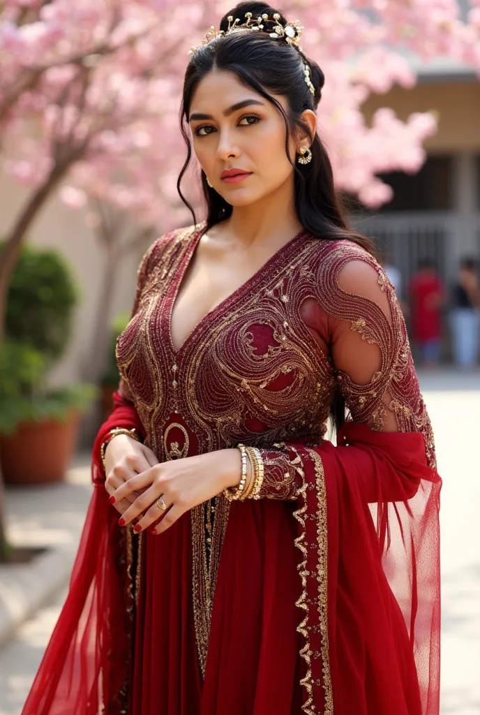 A young woman, likely of Asian ethnicity, She is positioned slightly off-center to the left of the frame, facing the viewer directly. Her expression is serene and composed, with detailed features.She wears a flowing, crimson-red outfit with elaborate gold ...