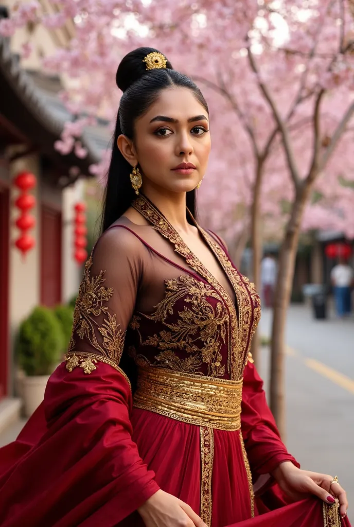 A young woman, likely of Asian ethnicity, She is positioned slightly off-center to the left of the frame, facing the viewer directly. Her expression is serene and composed, with detailed features.She wears a flowing, crimson-red outfit with elaborate gold ...