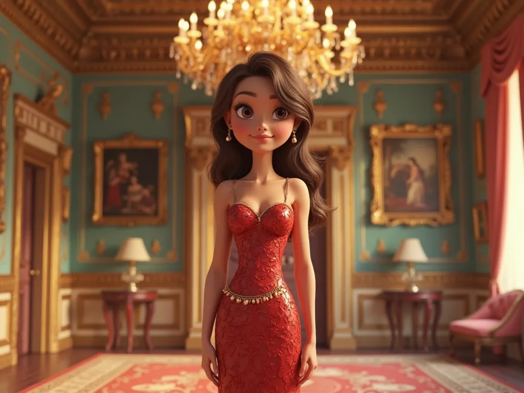 A beautiful young girl, in expensive designer clothes, stands inside a grand mansion. The luxurious chandelier is hanging behind it, expensive paintings and gold embroidered curtains are hanging on the walls. One in his hand ,3D cartoon animation