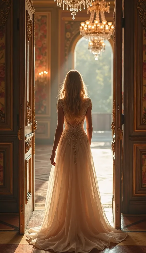 Beautiful   , realistic photo , dressed as a princess , blonde , Entering through the door.