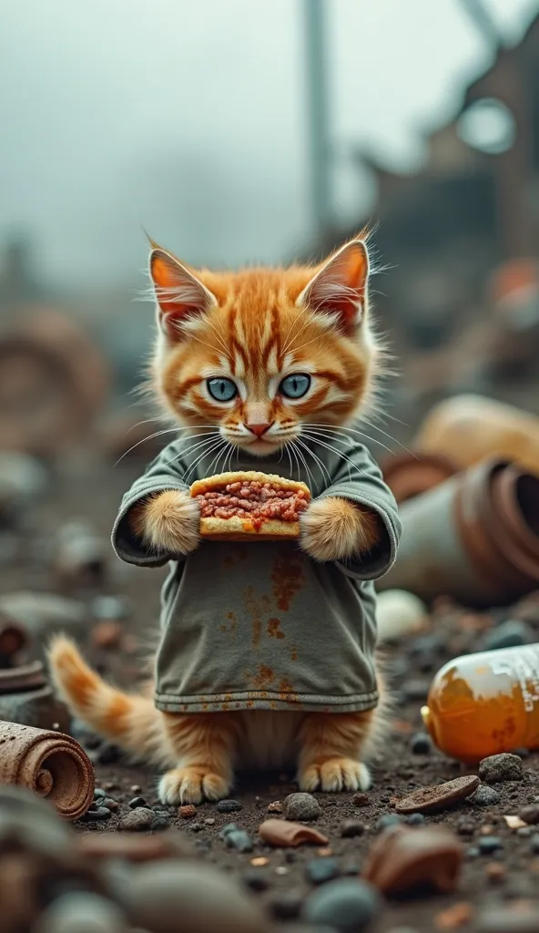 A small furry orange kitten is dull and a little dirty, wearing an oversized shabby T-shirt, standing in the middle of a pile of metal trash and stuff used. The cat's eyes look sad and hopeful, with a tired but still holding expression. He holds an already...