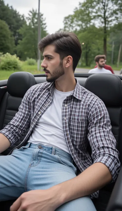 a handsome young turkish guy with muscle, dark very short hair fade middle parting and goatee beard  he wearing a checked shirt and a white tshirt  and a light loose jeans he is in a cabrio car with black seats amateur photo random picture and location is ...