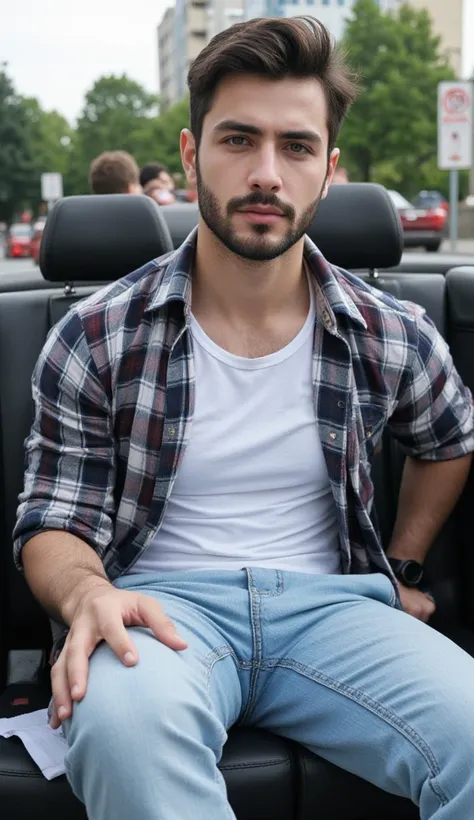 a handsome young turkish guy with muscle, dark very short hair fade middle parting and goatee beard  he wearing a checked shirt and a white tshirt  and a light loose jeans he is in a cabrio car with black seats amateur photo random picture and location is ...