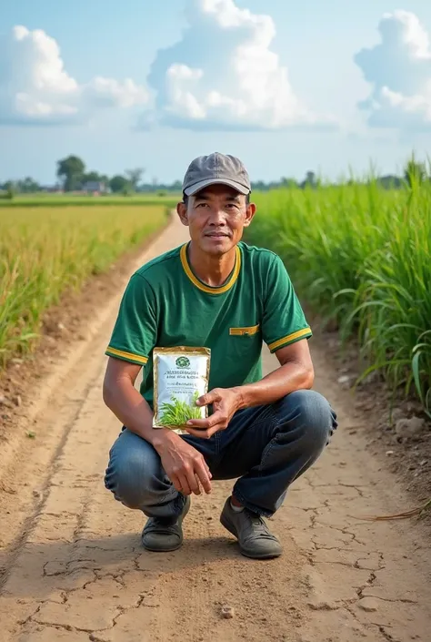 The photograph captures the image of a farmer squatting in the middle of a rice field, on the road of dry land. He wears a green T-shirt with gold trim, draped and wearing a hat gray cap, shows the rustic appearance of the farmer, mộc mạc của người làm nôn...