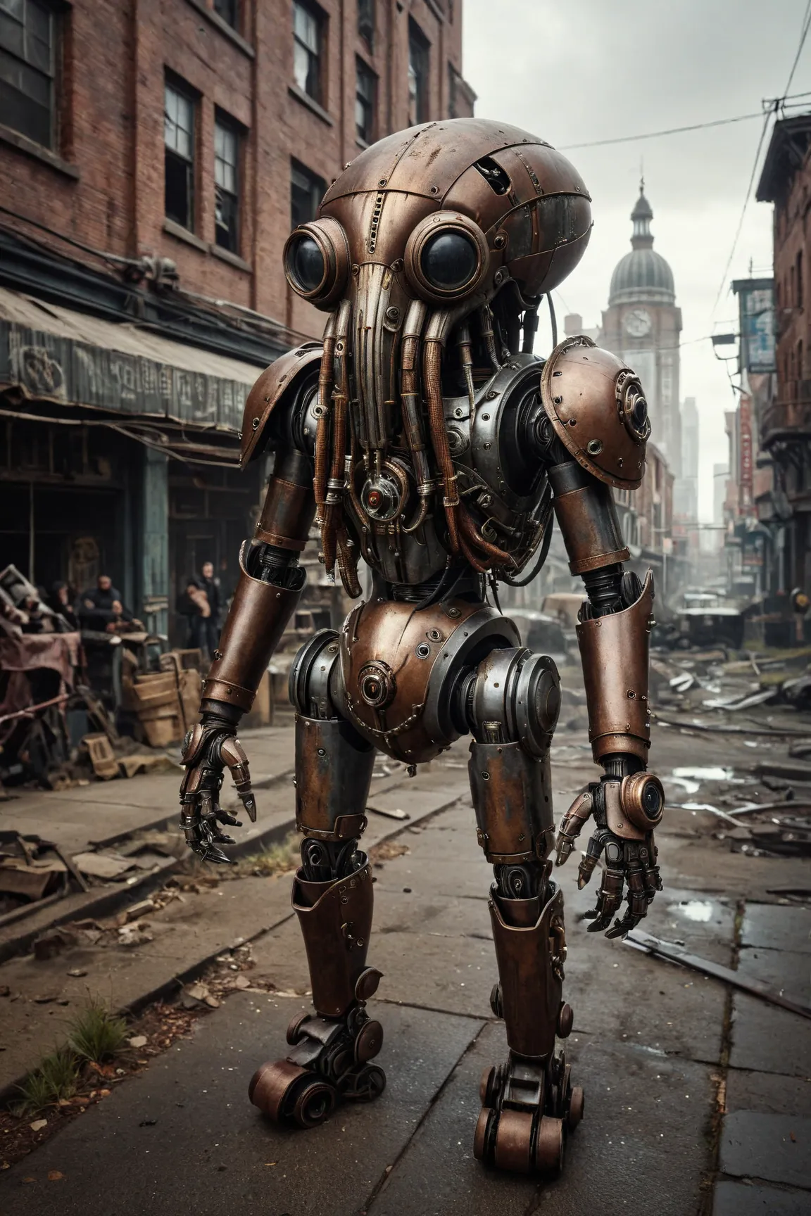 cinematic photo Mechanical cyborg (squid), (((steampunk))), rusty old armor, old metal, robot, (((full body visible))), wires, realistic, creepy, scary, cables, post apocalyptic city background, glaring at viewer, portrait, photography, detailed texture, r...