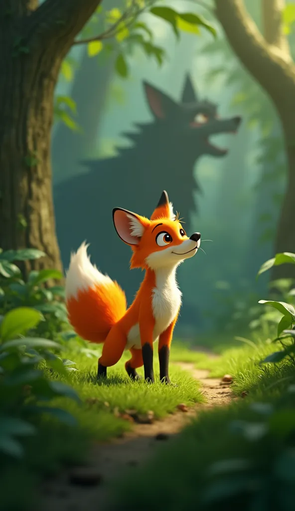 Pixar-style 3D animation rendering A young, adventurous fox named Kiro is exploring the lush green jungle. Kiro has bright orange fur with a white underbelly, large curious eyes, and a bushy tail with a white tip. he saw a small, baby owl caught in the big...