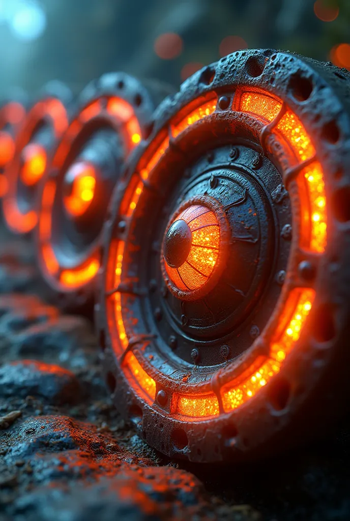 "An 8K UHD image of the 'wheels within wheels' described by Ezekiel, with glowing, intricate designs and eyes covering the rims. The scene is vibrant and futuristic, with detailed textures of the wheels and the glowing light. The background is soft and blu...