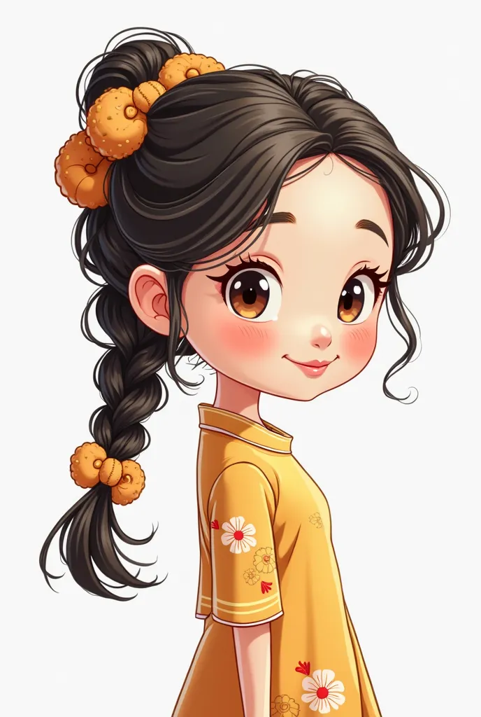 A lovely Chinese girl cartoon, Fried Dough Twists braid, wayward, walking, Kunting black style, whimsical cartoon style, full of fantasy and imagination, vector, comic art, sophistic pictures, white background, clear illustrations, simple details, minimali...