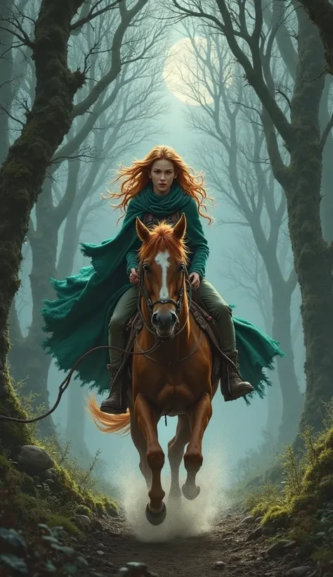 image Prompt:

"Elara, a resolute young woman with a striking yet weathered countenance, gallops swiftly through a dense, foreboding forest atop a powerful chestnut steed, its muscles rippling beneath a glossy coat dappled with sweat. Her face, framed by s...