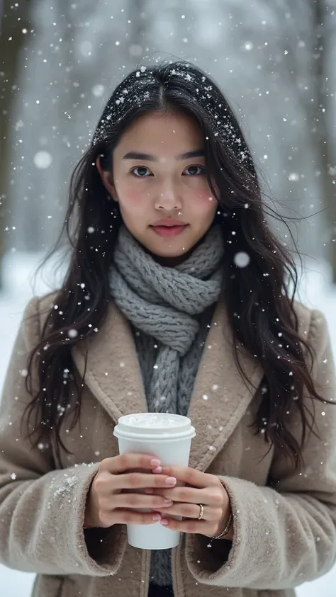 “A hyper-realistic photo of a young woman with long, flowing black hair and black eyes, standing outdoors in a snowy winter setting. She is looking directly at the viewer with a warm smile. She wears a stylish coat over a form-fitting blue bodysuit with a ...