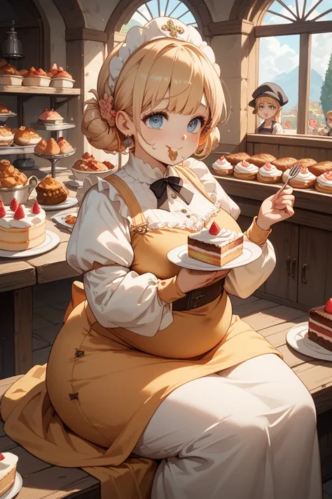 Cute anime style with big eyes, one adult extremely obese obese blonde slave girl with medieval dress, climax face, surrounded by many many roasted meat and cakes, merchant house, safe clothing, eating big cake,