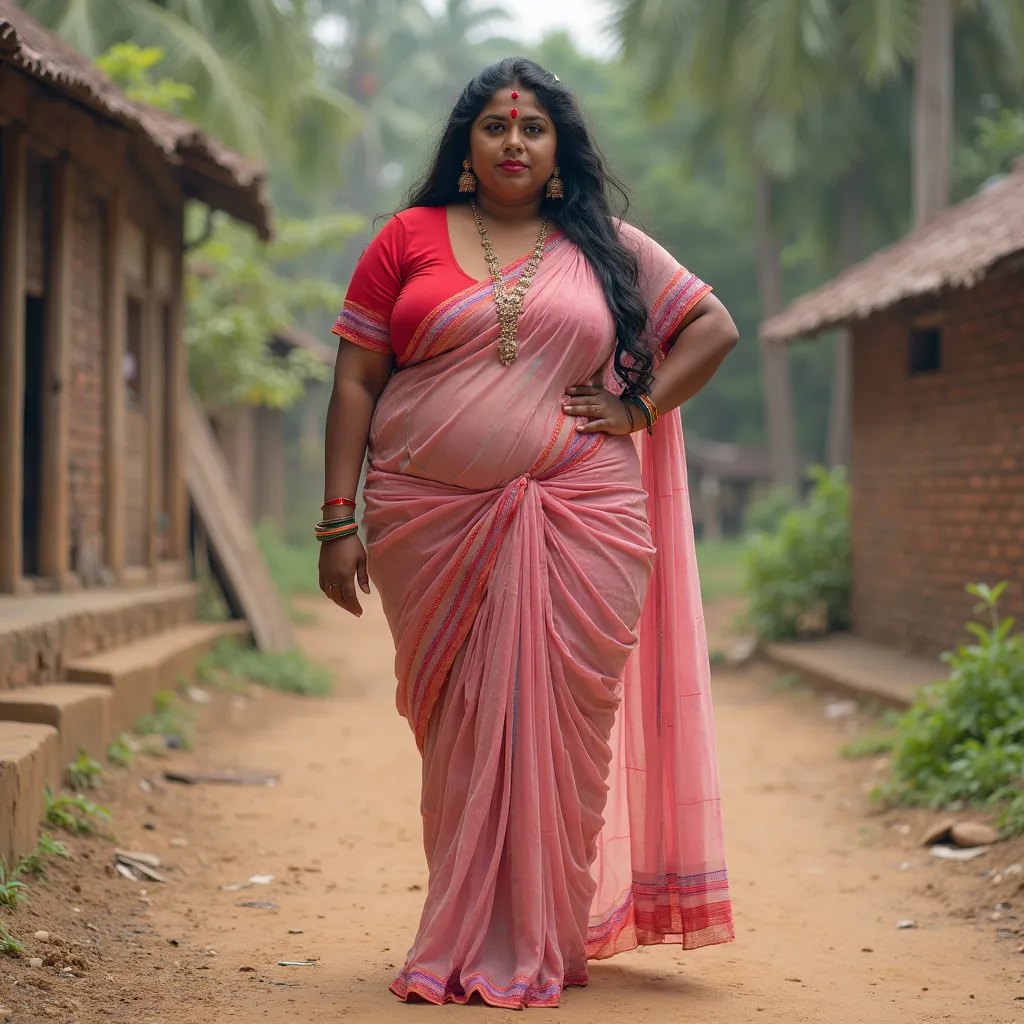 Indian extreme plus size BBW chubby fat busty dark skinned wide breast woman with dusty face with large breast and large extreme fat curvey figure and wide shoulder and long hair and wearing red deep neck tight fitting blouse with displaying big cleavage a...