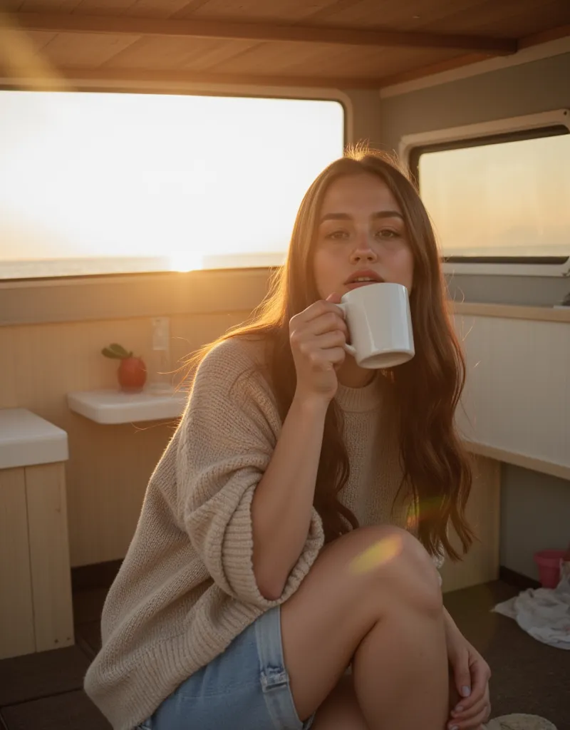 Full-body shot of Eden, a 23-year-old influencer from Hamburg, sitting in front of her cozy camper van in St. Peter-Ording. She wears a loose-fitting oversized sweater and comfy shorts, enjoying a relaxed moment with a cup of coffee. Her long, dark blonde ...