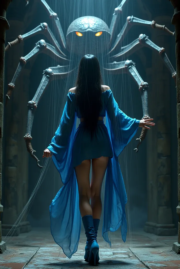 Realistic photo, cinematic quality, Mortal Kombat, dark fantasy, beautiful sexy girl, beautiful face, Asian, long black hair, in a very short blue kimono, bare beautiful legs, in blue high-heeled boots, entangled in a huge sticky web in the dark labyrinth ...