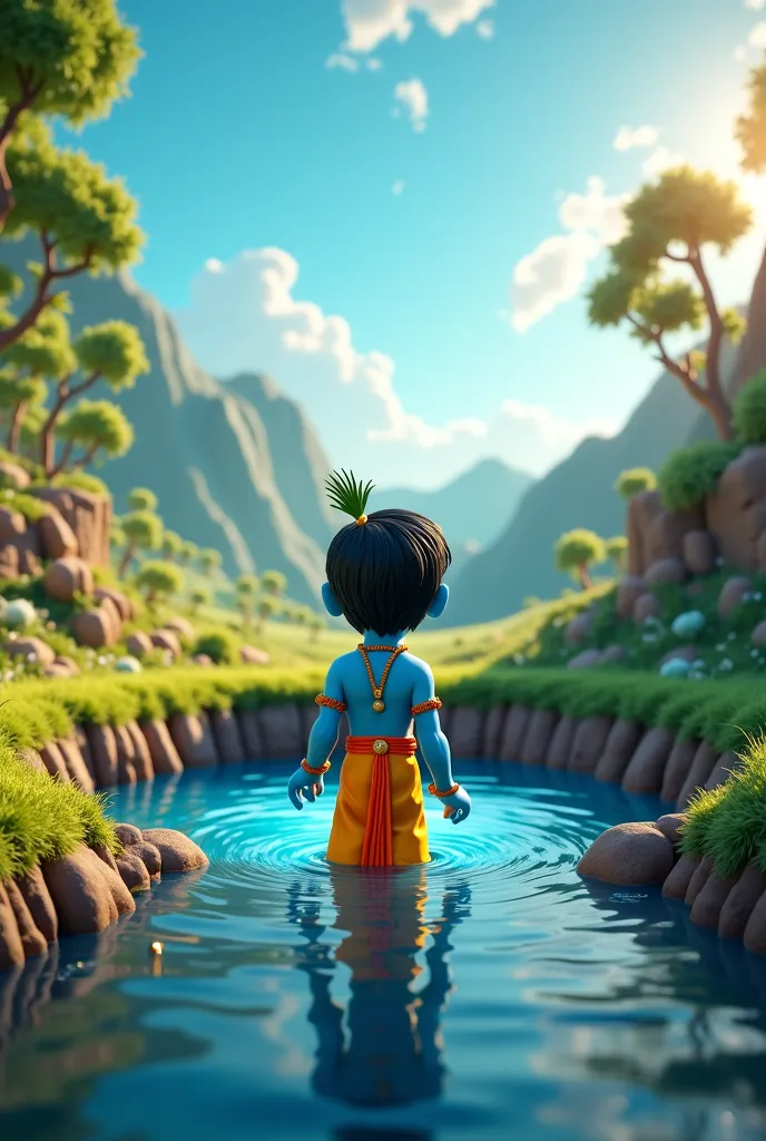 Genrate in cinematic 3D cartoon style. Suddenly, Krishna saw that there was water in a well nearby, but it was very deep, and no one could get the water out.
