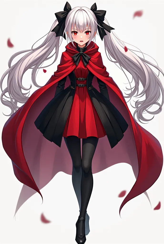 An anime full view picture. A young girl with long white hair in two pigtails held by black bows and red shining eyes with dark eyeshadows with red lipstick. Dressed in in a red/black dress with a red cloak on top, with black dress pants and black heels.