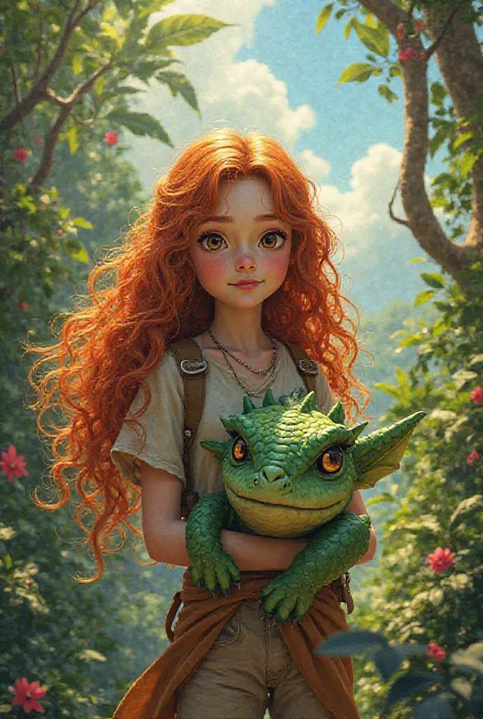 Heidi une jeune fille avec des cheveux long roux frisé et des yeux maron avec son ami dragon vert, arrive en guadeloupe