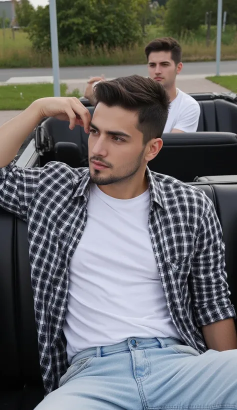 a handsome young turkish guy with muscle, dark very short hair fade middle parting and goatee beard  he wearing a black white checked shirt and a white tshirt  and a light loose jeans he is in a cabrio car with black seats amateur photo random picture and ...