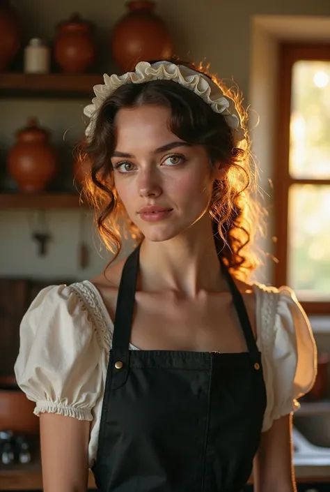 A cinematic portrait of a young woman in a rustic kitchen bathed in soft, golden sunlight streaming through a wooden-framed window. She has voluminous, curly brown hair and striking hazel eyes that reflect the warm light. She wears a vintage-style black ap...