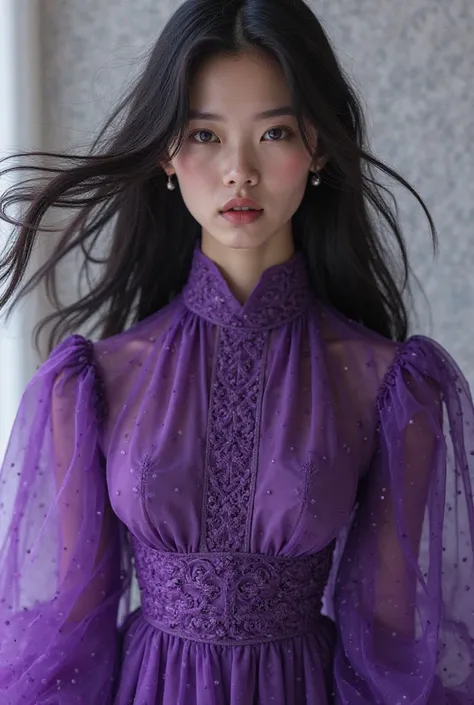 the same type of clothing ,But it's purple in color and her hair is black