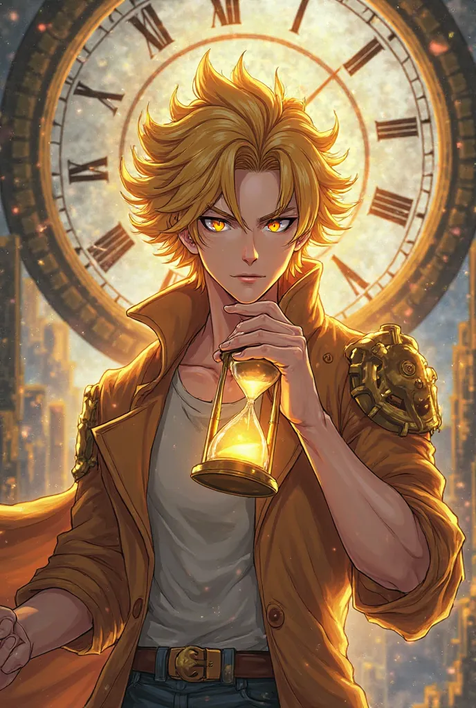 Anime picture, handsome hero with yellow hair, yellow eyes, with aura, holding an hourglass in the background as a clock is spinning. The plot is full of powerful fantasy time.