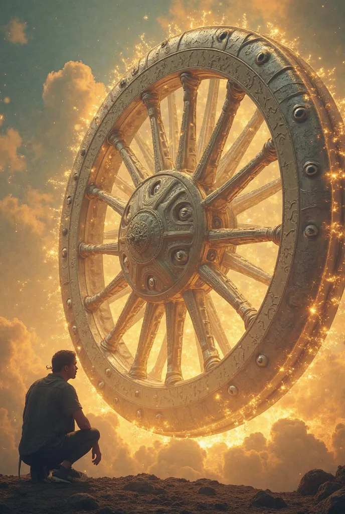 IN THE SKY, an impressive sight begins to form: gigantic wheels, shiny and complex, with intricate patterns full of 'eyes' that seem to observe everything around. The wheels are wrapped in a golden and silver light,  FLOATING IN THE AIR . Ezequiel is on th...