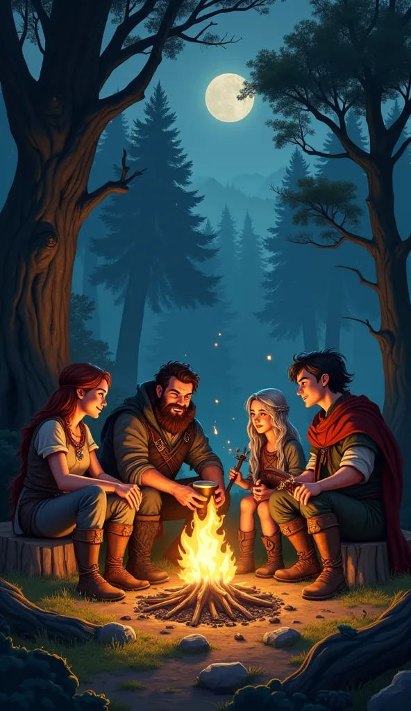 Enhanced Prompt:

"In a dense, shadowy forest clearing, four adventurers—Elara, Gareth, Finn, and Lyra—gather closely around a crackling campfire, its warm golden flames casting a flickering glow that dances across their faces and illuminates the surroundi...