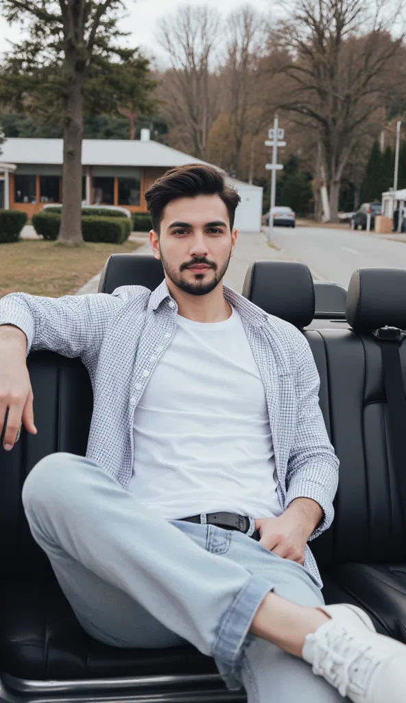 a handsome young turkish guy with muscle, dark very short hair fade middle parting and goatee beard  he wearing a white black checked shirt and a white tshirt  and a light loose jeans he is in a cabrio car with black seats amateur photo random picture and ...