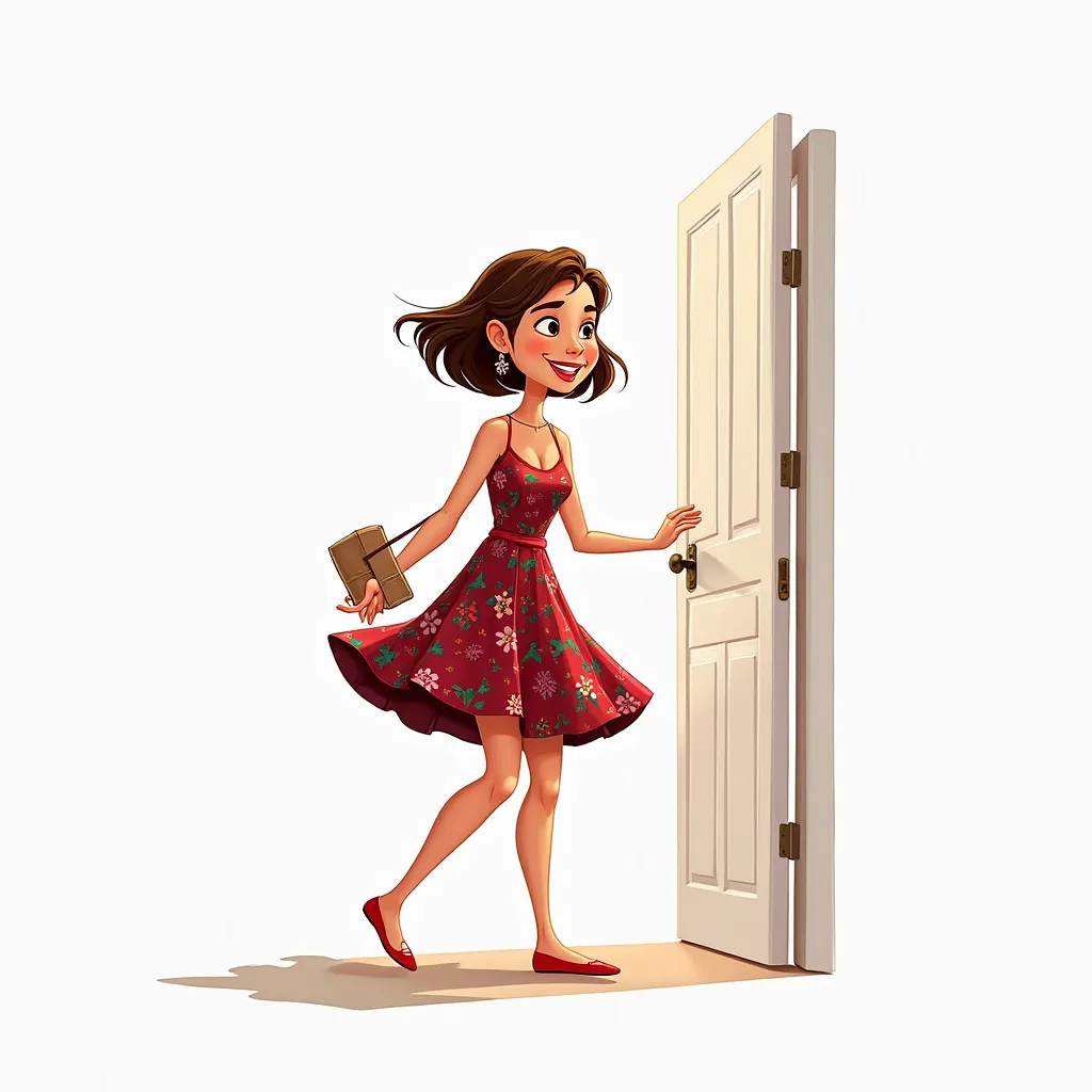 Present Continuous Prompt (Semi-Realistic Cartoon Art - White Background):
A stunning young woman, 27 years old, with short, stylish hair, is actively stepping inside a room, greeting someone with a warm smile. Her dark red floral dress sways slightly as s...