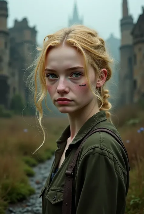 Create a 23-year-old woman who is in the post-war world of Harry Potter who has blond hair and green eyes with a scar that runs horizontally across the bridge of her nose. She has pale skin too