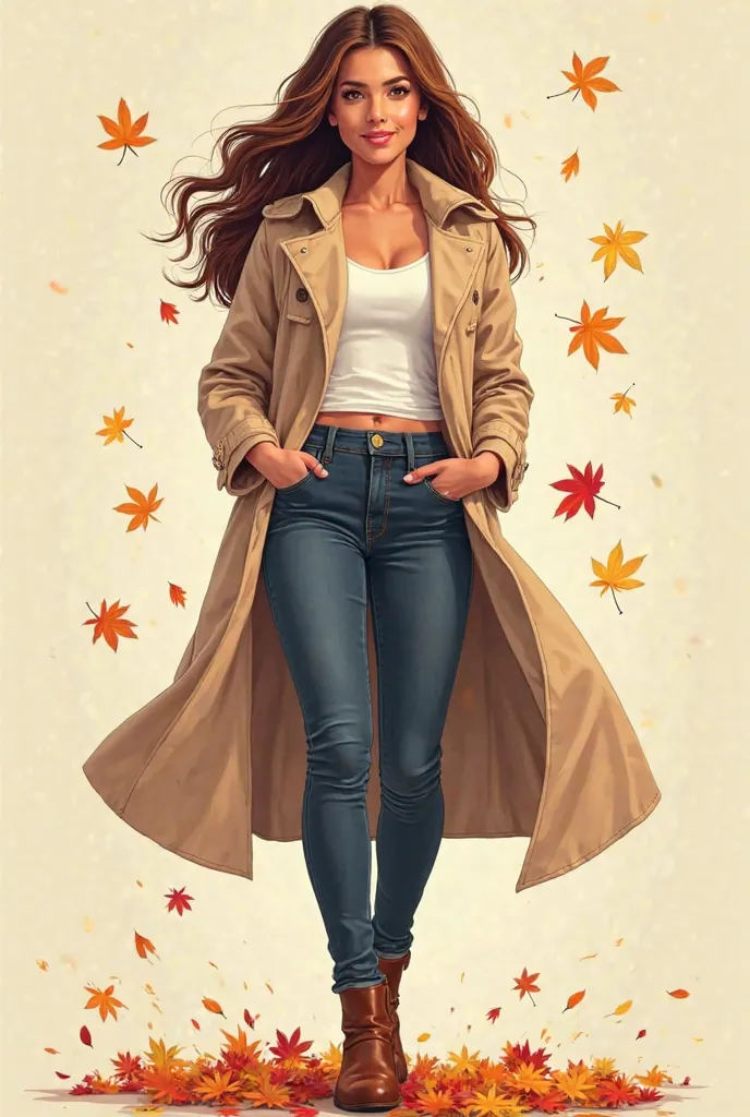 A highly detailed digital illustration in a semi-realistic art style with a touch of comic book influence, depicting a confident and stylish young woman walking through an autumn scene. She has long, wavy brown hair that flows naturally behind her, complem...