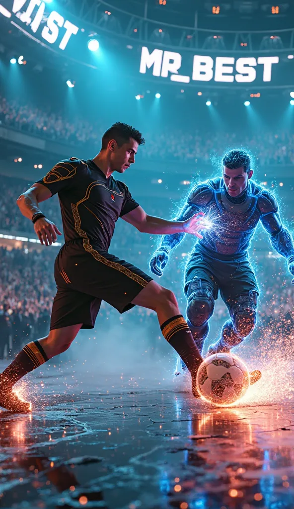 A futuristic, neon-lit battle arena filled with thousands of cheering spectators. Cristiano Ronaldo, wearing a sleek black and gold combat suit, stands in an intense fighting stance. His muscular physique is highlighted by the glowing lights around him. Hi...