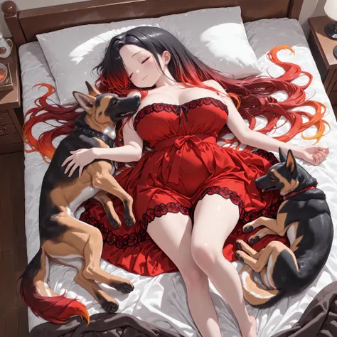 1girl, Kuroki Monika, closed eyes, gradient hair, black hair, red hair, long hair, asymmetrical hairline, hair over right eye, large breasts, (petite but curvy), very cute, lovely, red lacy dress, lying on back, on bed, sleeping with pet, big dog, german s...